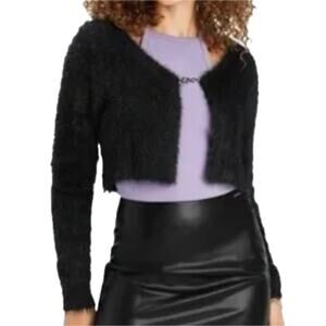 Fabletics Black Eyelash Fuzzy Flame Silver Clasp Crop Open Cardigan Sweater Sz S